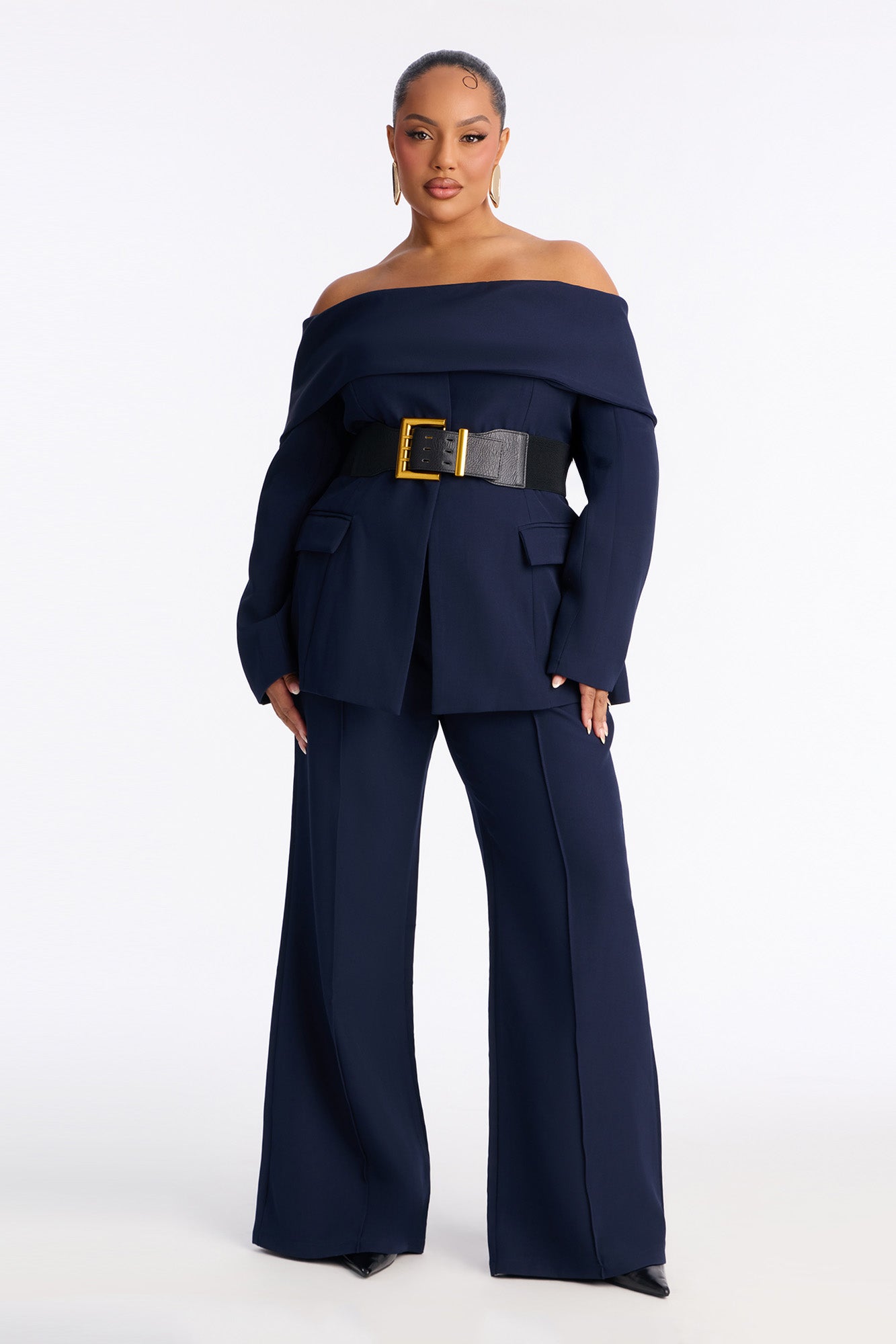 Bethany Off Shoulder Belted Pant Set - Navy