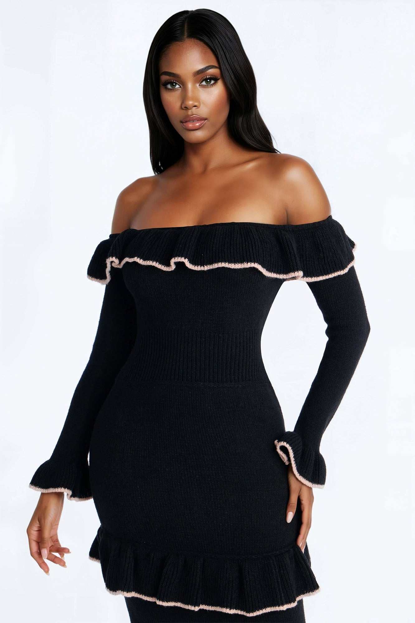 Marianna Ruffle Sweater Midi Dress - Black