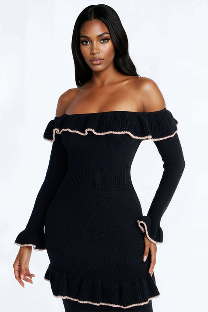 Marianna Ruffle Sweater Midi Dress - Black