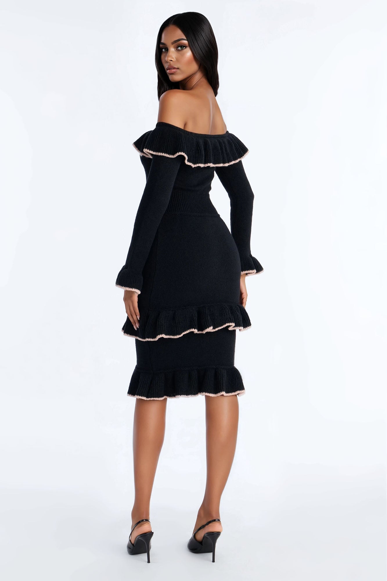 Marianna Ruffle Sweater Midi Dress - Black