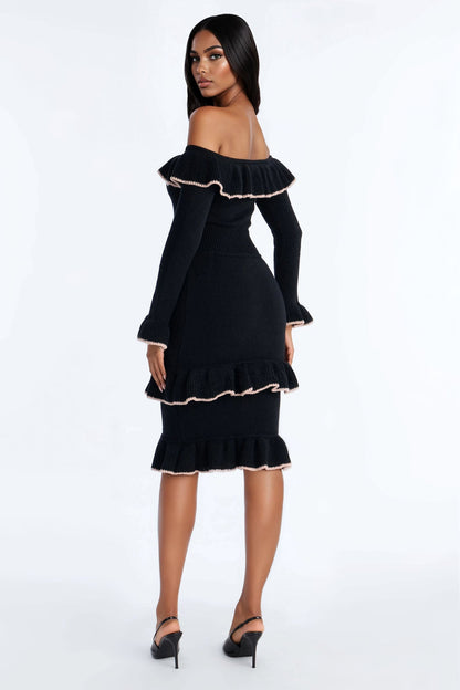 Marianna Ruffle Sweater Midi Dress - Black
