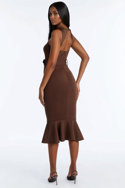 Heather Belted Mermaid Midi Dress - Chocolate
