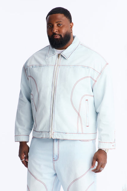 Cropped Thick Thread Denim Work Jacket - Light Wash