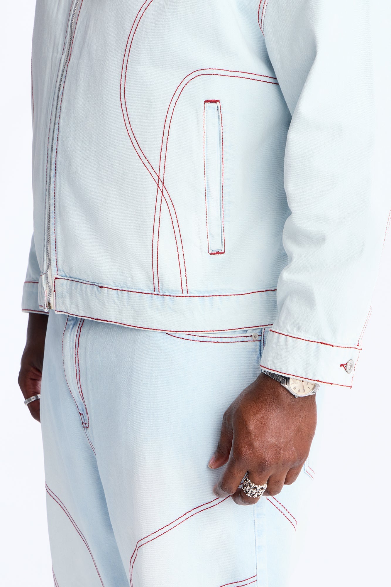 Cropped Thick Thread Denim Work Jacket - Light Wash