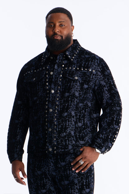 Social Stud Flocked Denim Trucker Jacket - Indigo