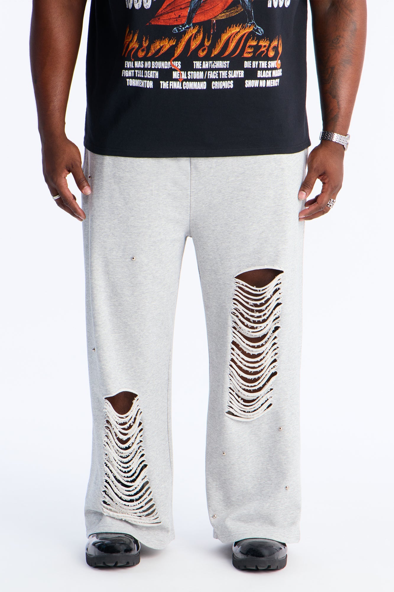 Distressed Wide Leg Sweatpants - Grey