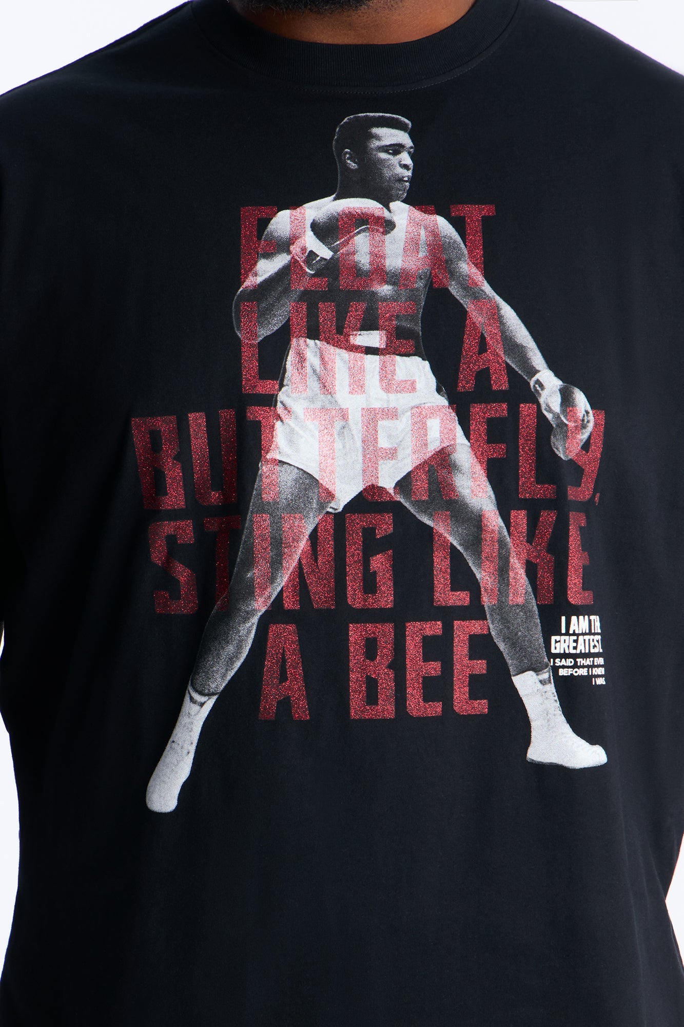 Boxy Muhammad Ali Glitter Printed Short Sleeve Tee - Black