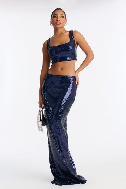 Velina Sequin Column Maxi Skirt - Navy