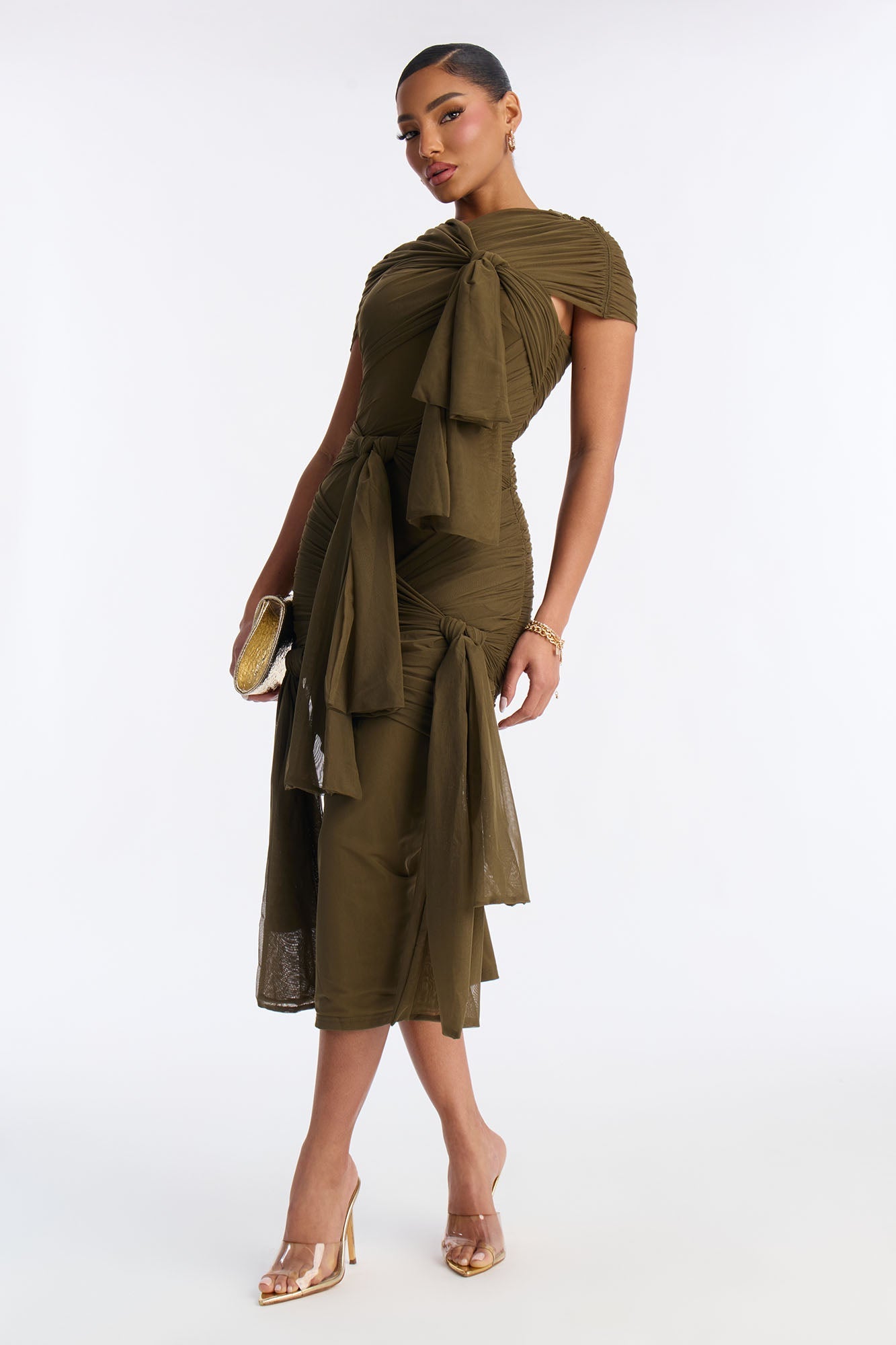 Darcy Draped Mesh Midi Dress - Olive