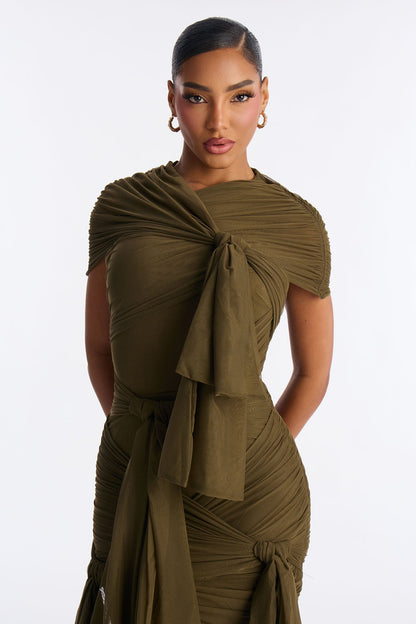 Darcy Draped Mesh Midi Dress - Olive