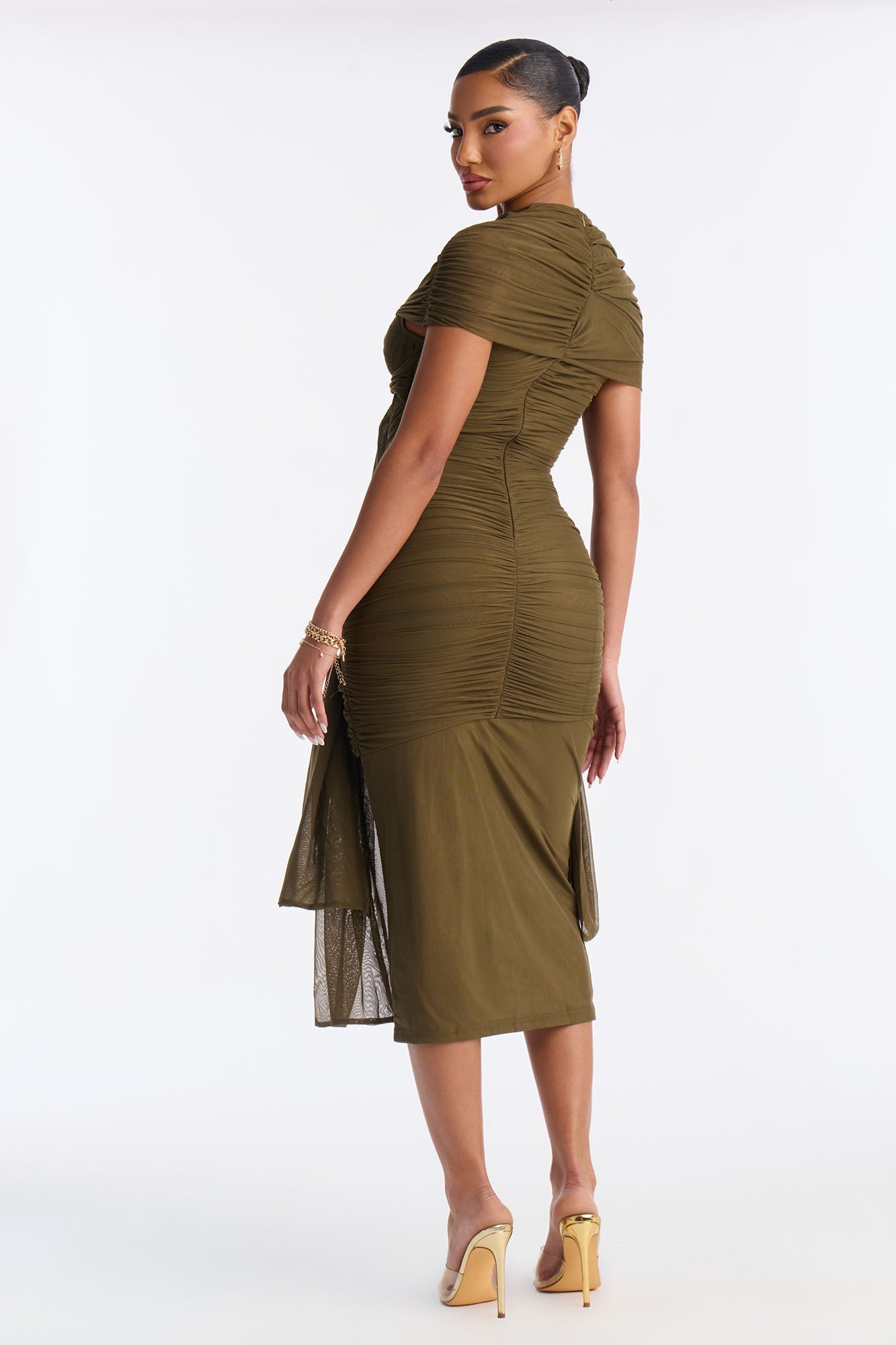Darcy Draped Mesh Midi Dress - Olive