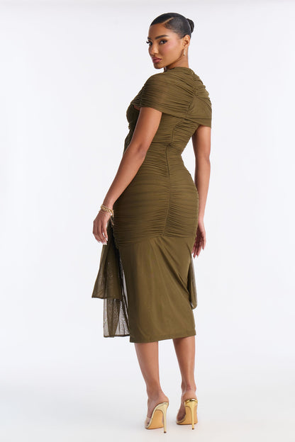 Darcy Draped Mesh Midi Dress - Olive