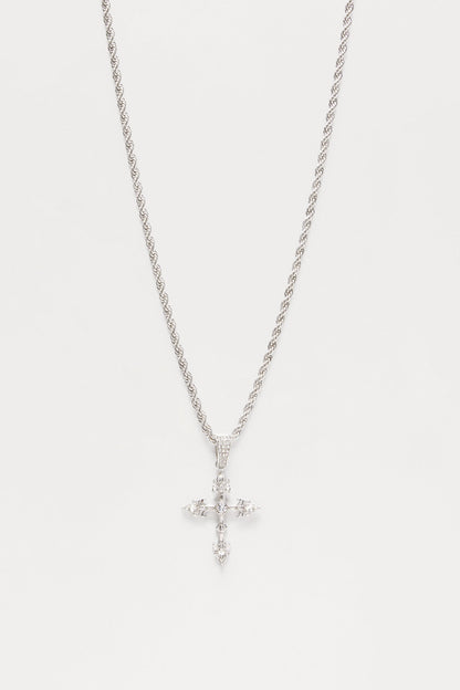 Medium Iced Cross Rope Chain Necklace - Silver