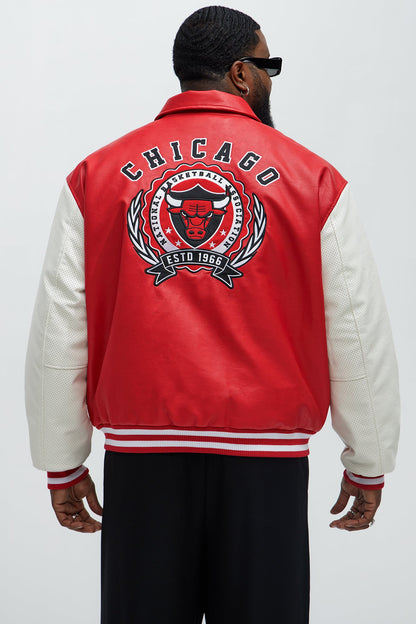 Bull Top Dawg Faux Leather Collared Varsity Jacket - Red