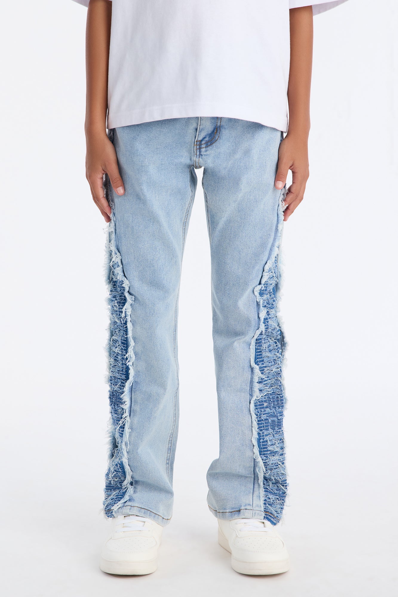 Mini Stacked Slim Flare Fray Panel Jean - Light Blue Wash