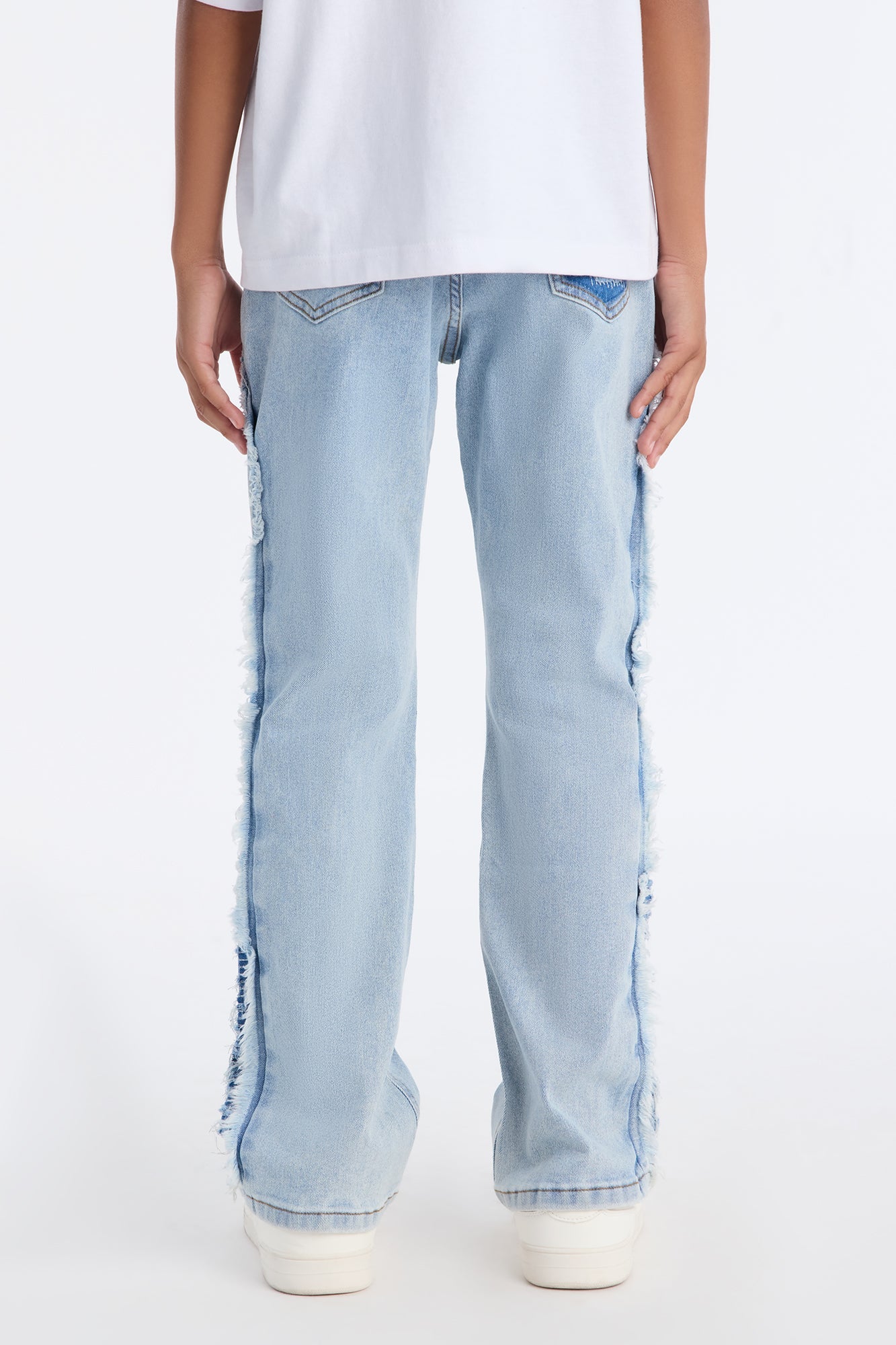 Mini Stacked Slim Flare Fray Panel Jean - Light Blue Wash