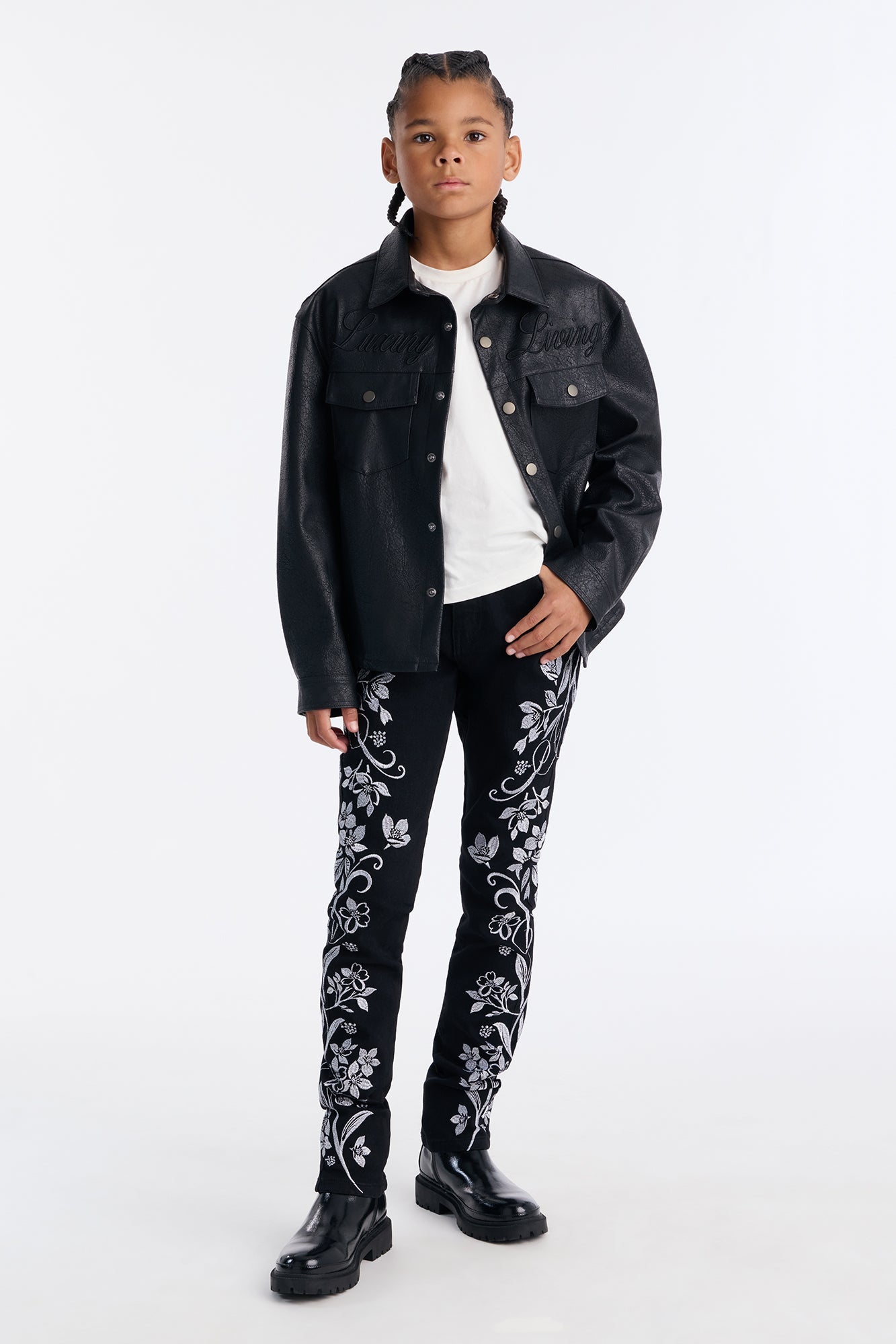 Mini Stacked Skinny Floral Embroidered Jean - Black