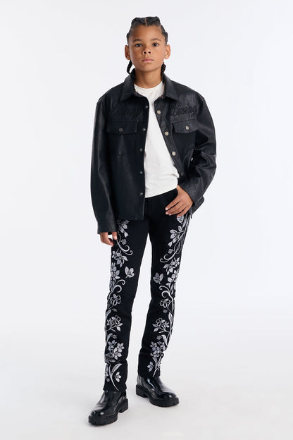 Mini Stacked Skinny Floral Embroidered Jean - Black