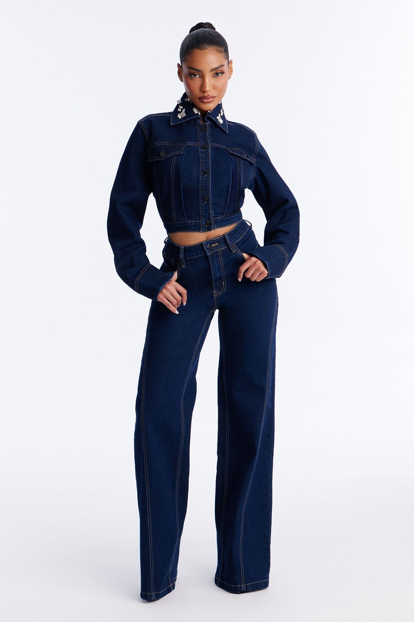 Fame And Fortune Embellished Denim Jacket - Dark Wash
