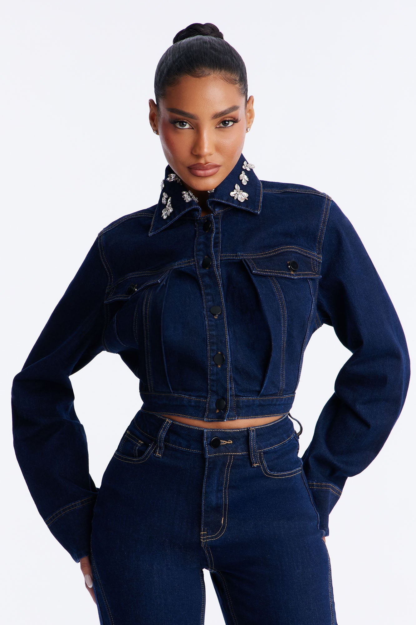Fame And Fortune Embellished Denim Jacket - Dark Wash
