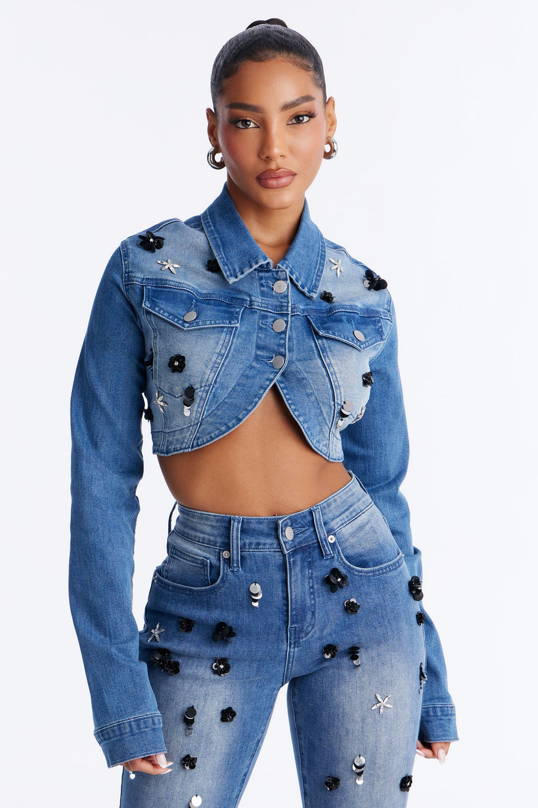 Floré Bella Embellished Denim Bolero Jacket - Medium Wash