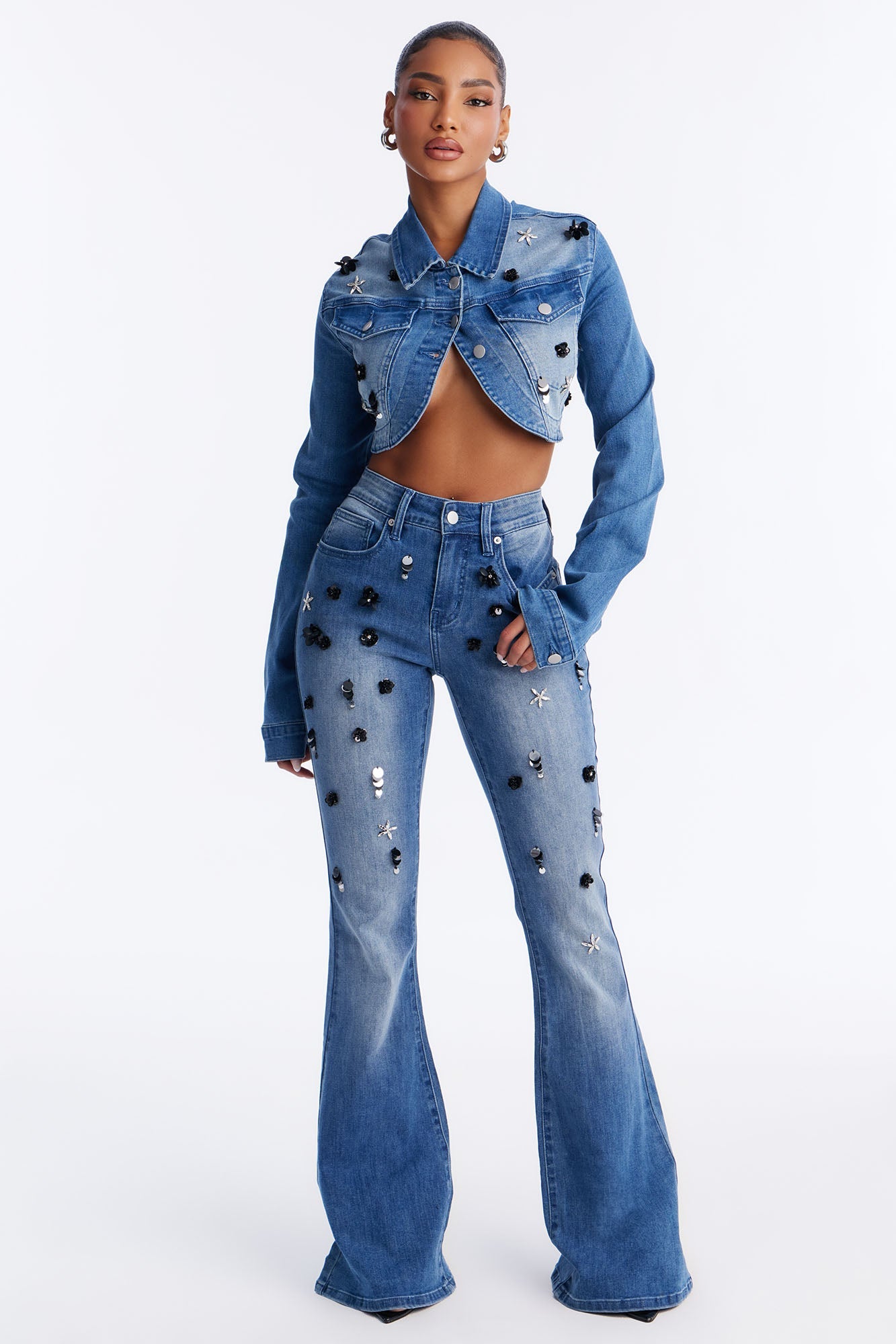 Floré Bella Embellished Flare Jeans - Medium Wash
