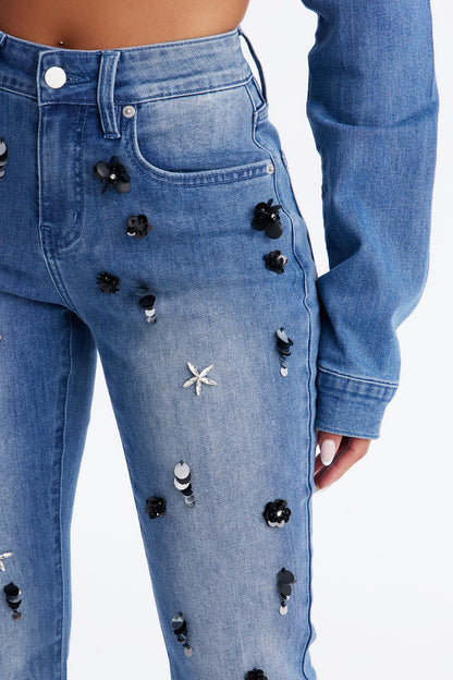 Floré Bella Embellished Flare Jeans - Medium Wash