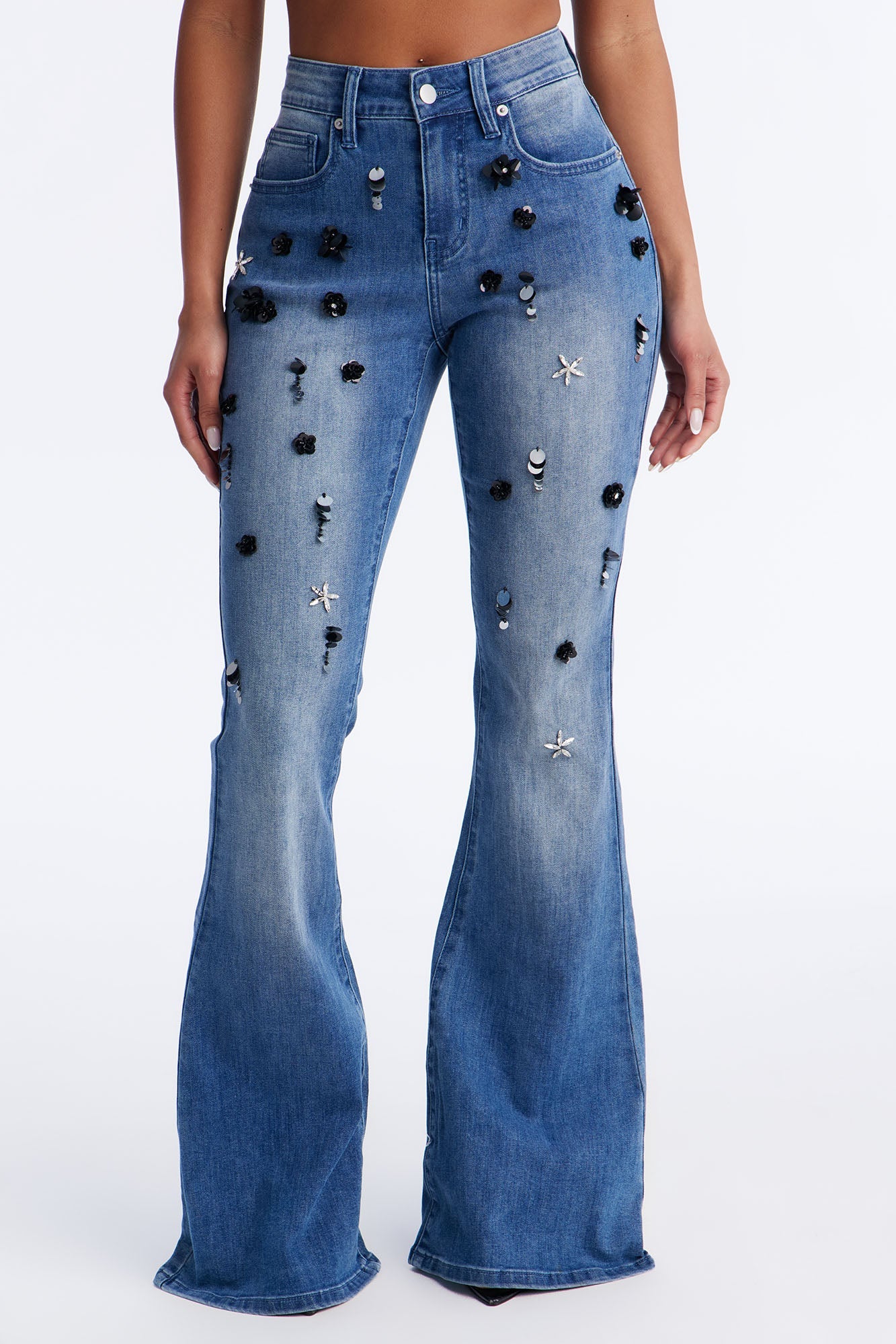 Floré Bella Embellished Flare Jeans - Medium Wash