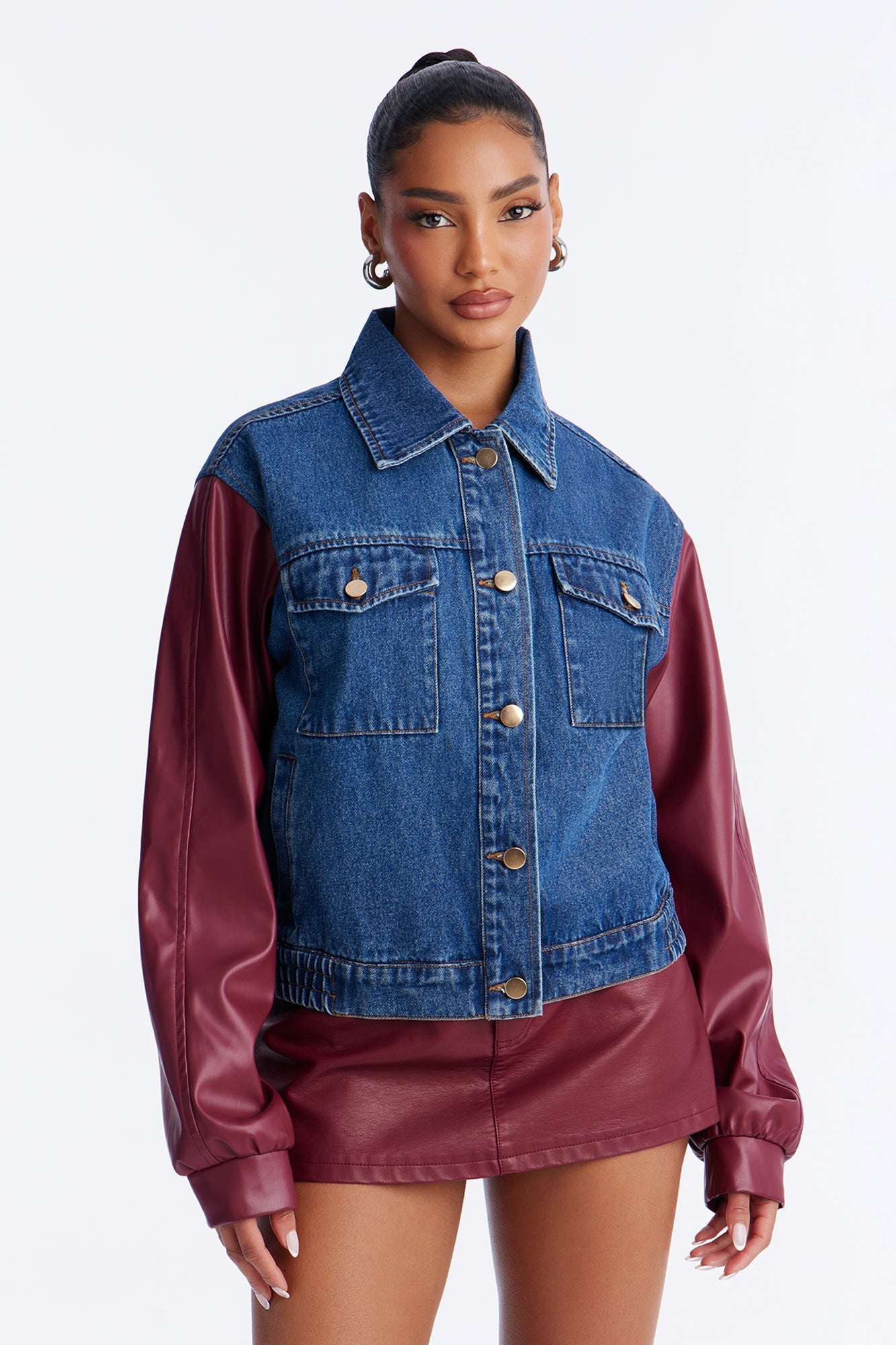 Hotwired Faux Leather Bomber Jacket - Medium Wash