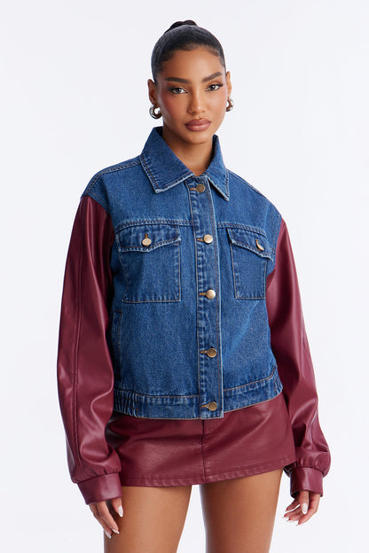 Hotwired Faux Leather Bomber Jacket - Medium Wash