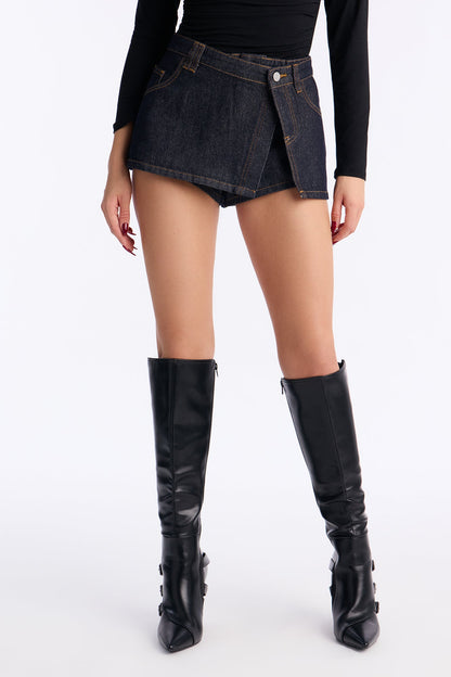 Josie Denim Wrap Micro Mini Skort - Rinse Blue Wash