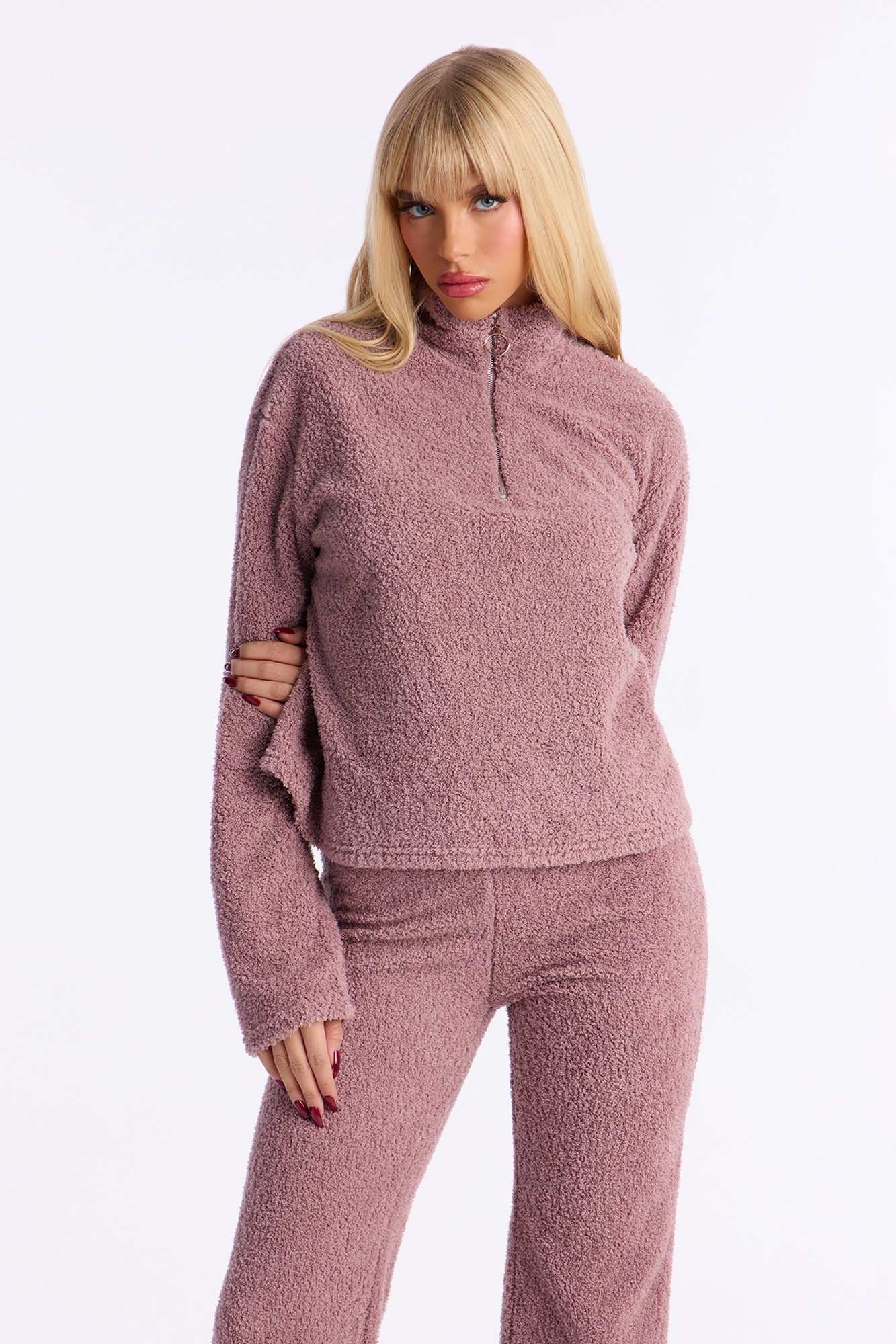 Lana Sherpa Quarter Zip Lounge Sweatshirt - Mauve