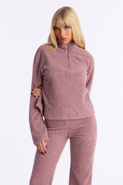 Lana Sherpa Quarter Zip Lounge Sweatshirt - Mauve