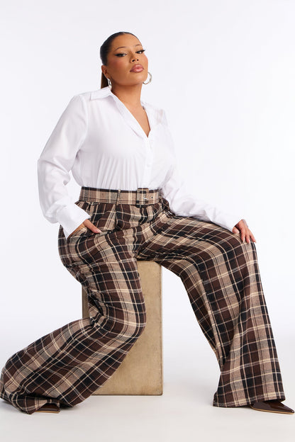 Breanna Flannel Plaid Wide Leg Collar Jumpsuit - Brown/combo