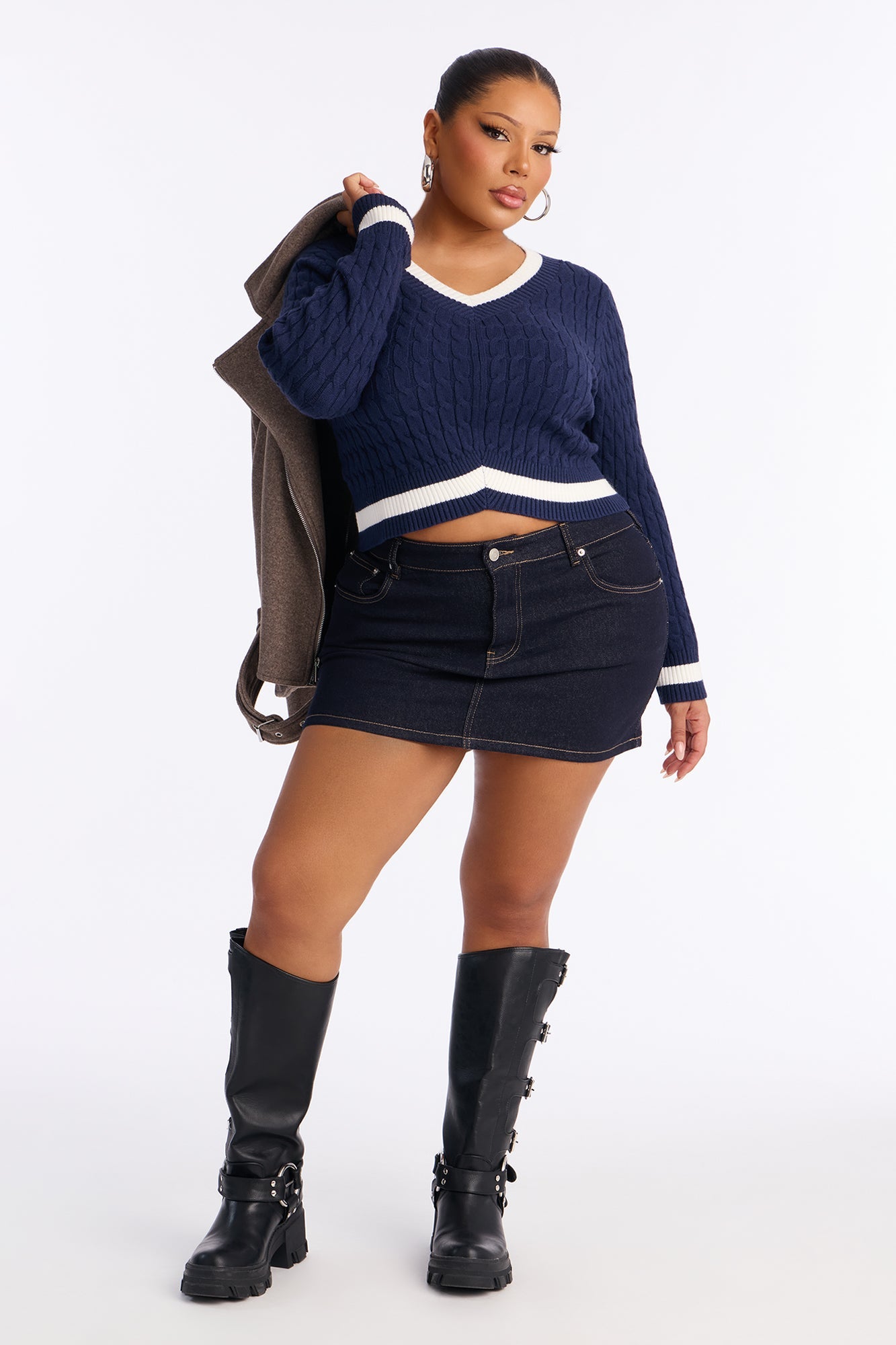 Not The Same Cable Knit Cropped Sweater - Navy/combo