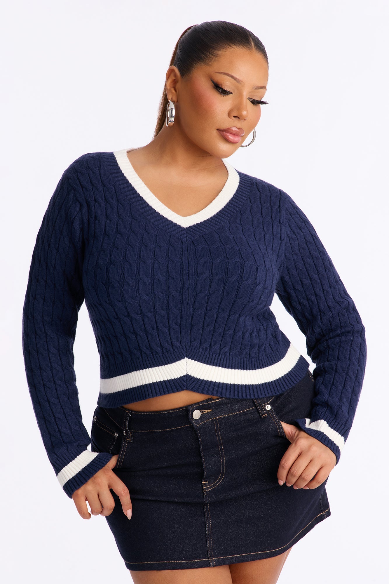 Not The Same Cable Knit Cropped Sweater - Navy/combo