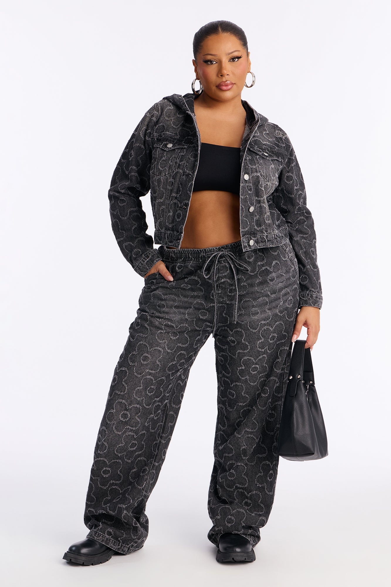 Flower Power Hooded Denim Jacket - Dark Grey