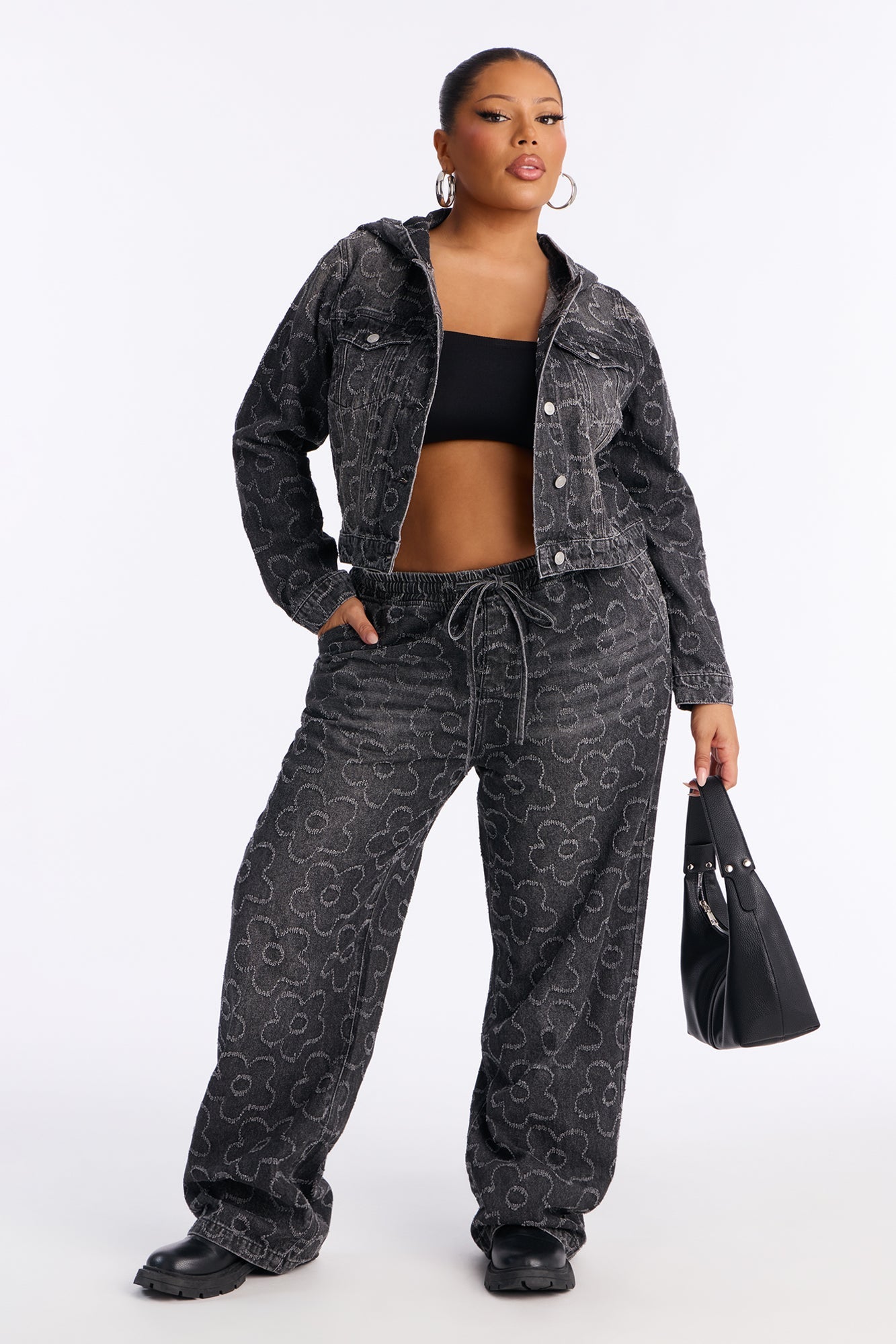 Flower Power Pull On Tie Waist Straight Leg Jeans - Dark Grey