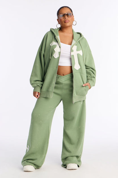 Double The Intentions Washed Fleece Hoodie - Sage