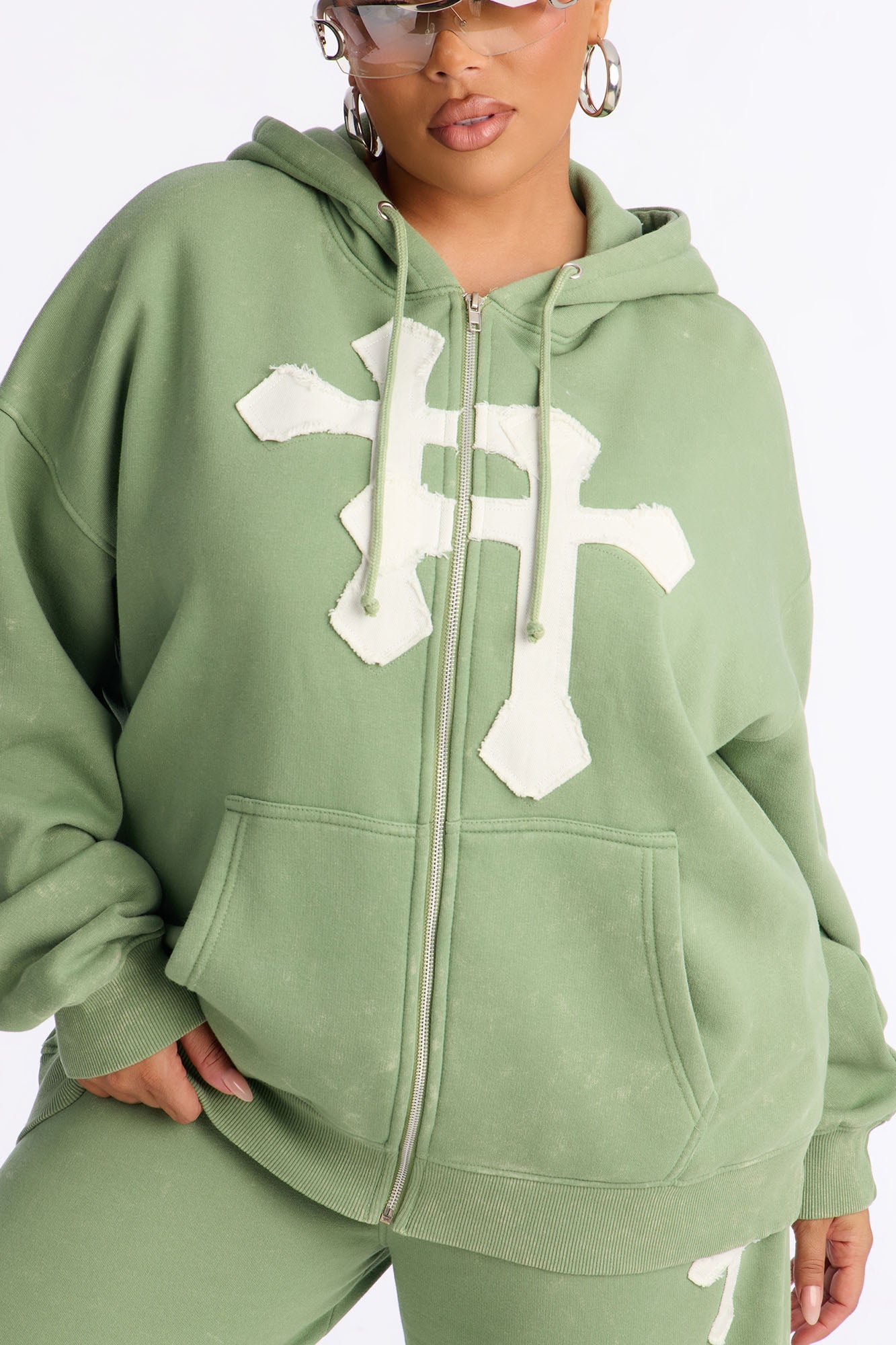 Double The Intentions Washed Fleece Hoodie - Sage