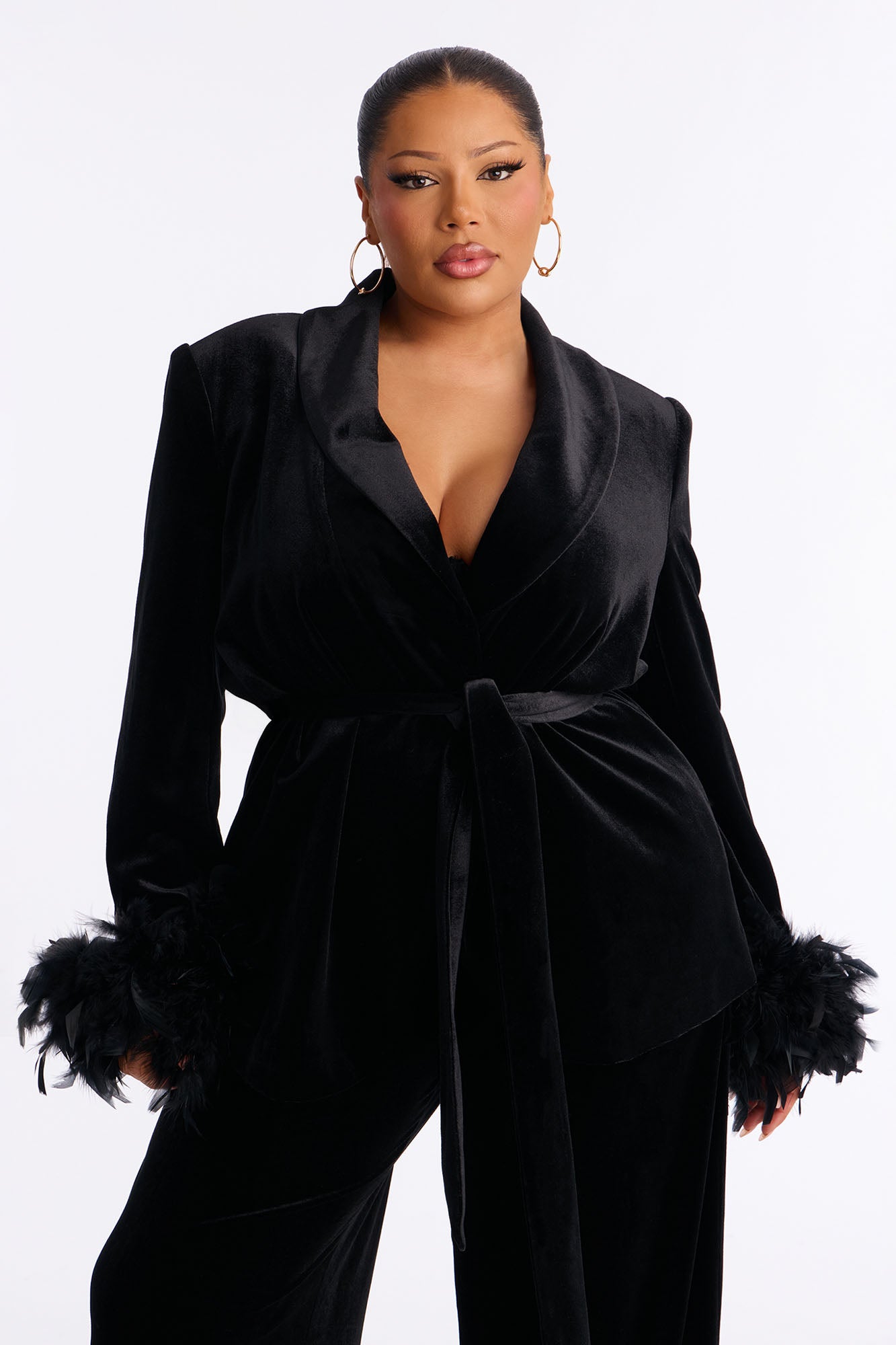 Kris Feathered Velvet Blazer Pant Set - Black