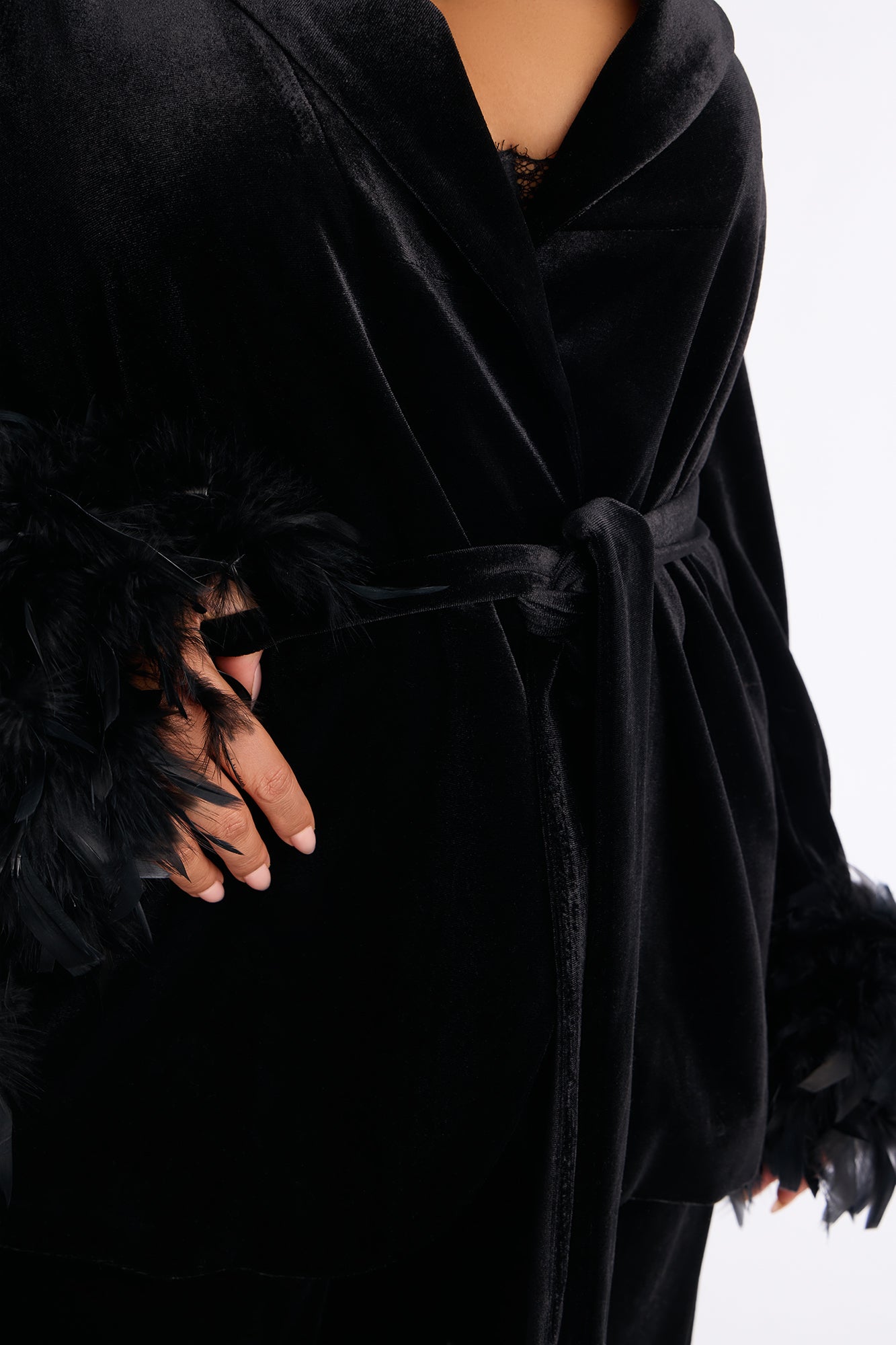 Kris Feathered Velvet Blazer Pant Set - Black