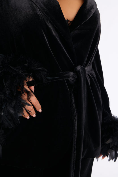 Kris Feathered Velvet Blazer Pant Set - Black