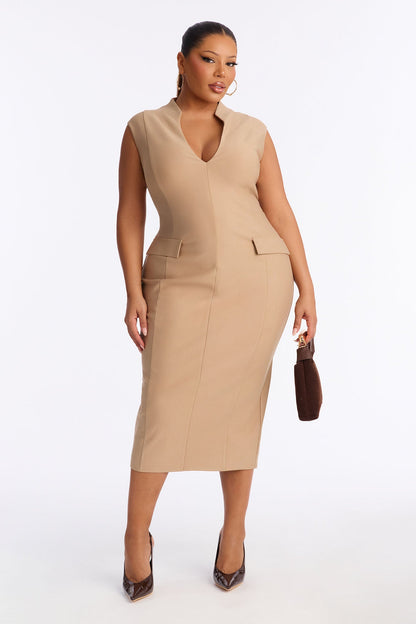 Busy Woman Body Sculpting Ponte Midi Dress - Mocha