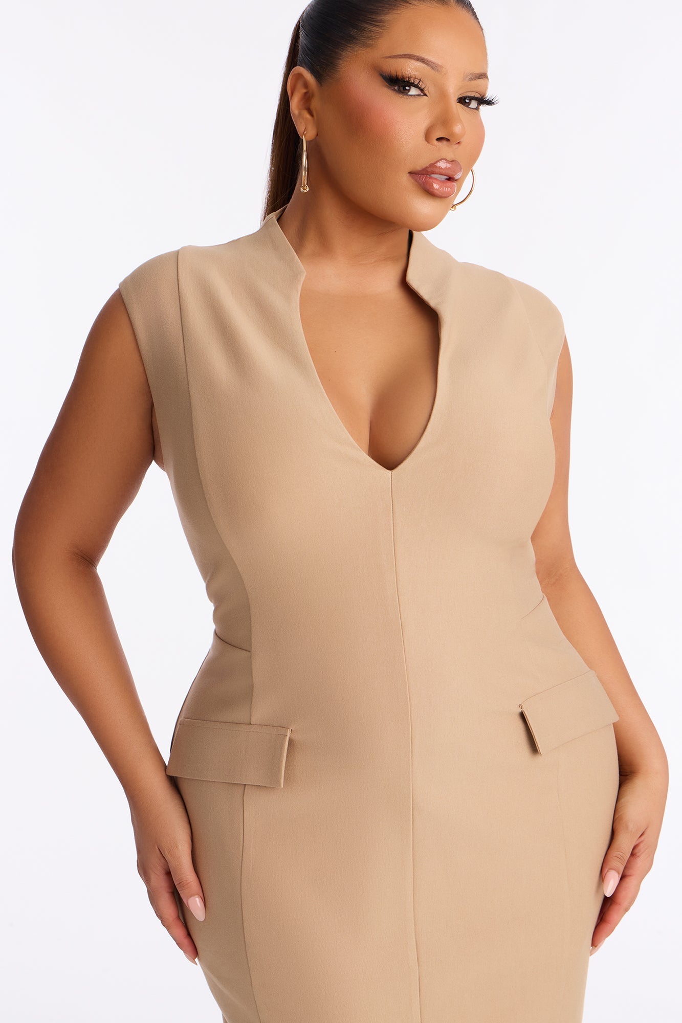 Busy Woman Body Sculpting Ponte Midi Dress - Mocha