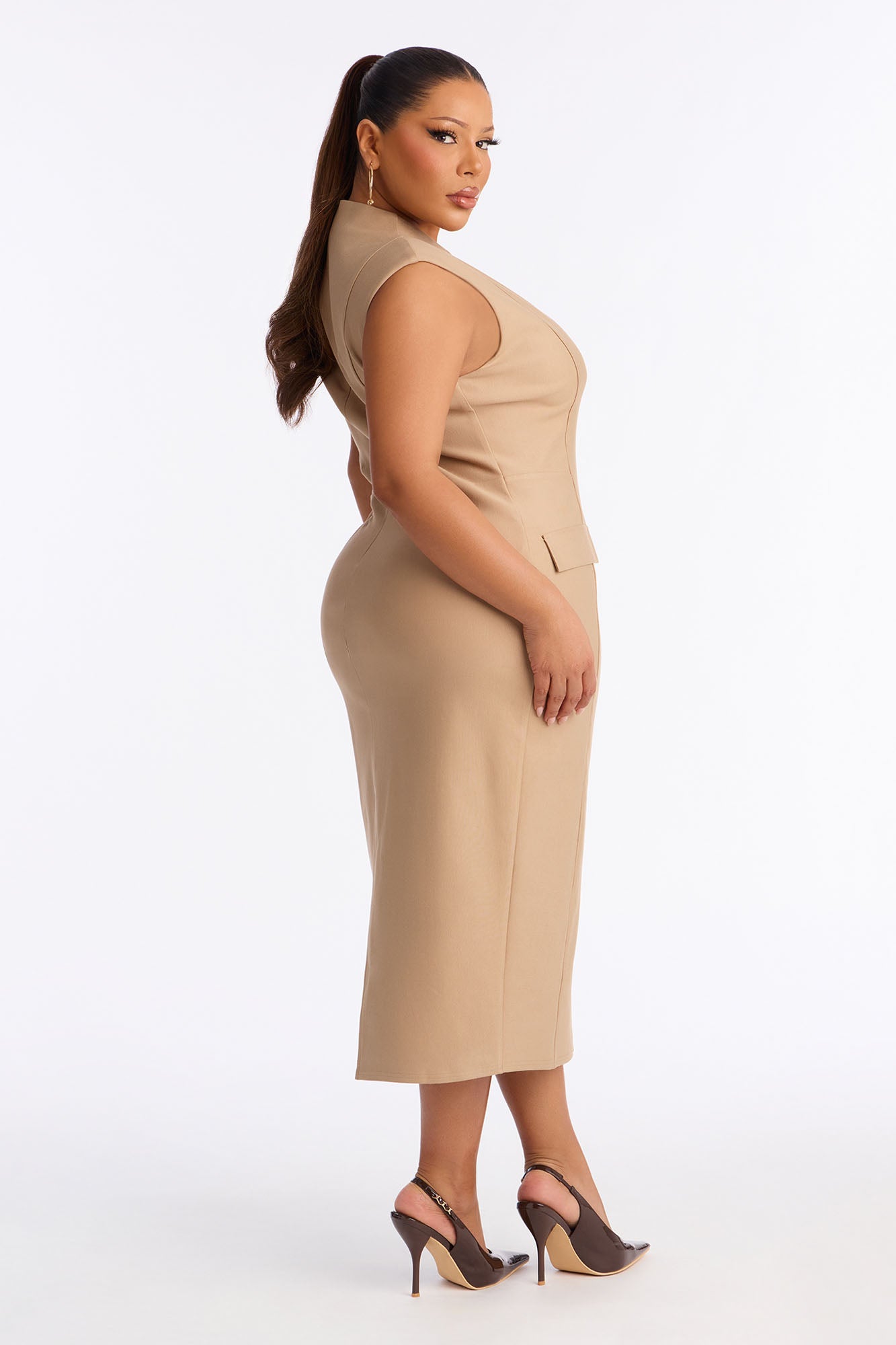 Busy Woman Body Sculpting Ponte Midi Dress - Mocha
