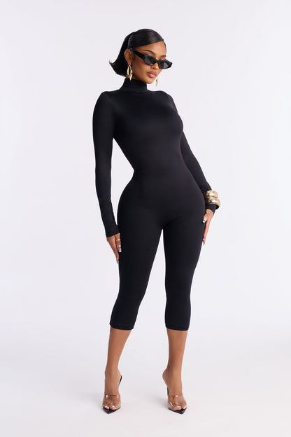 Contour Double Lined Mock Neck Capri Jumpsuit - Black