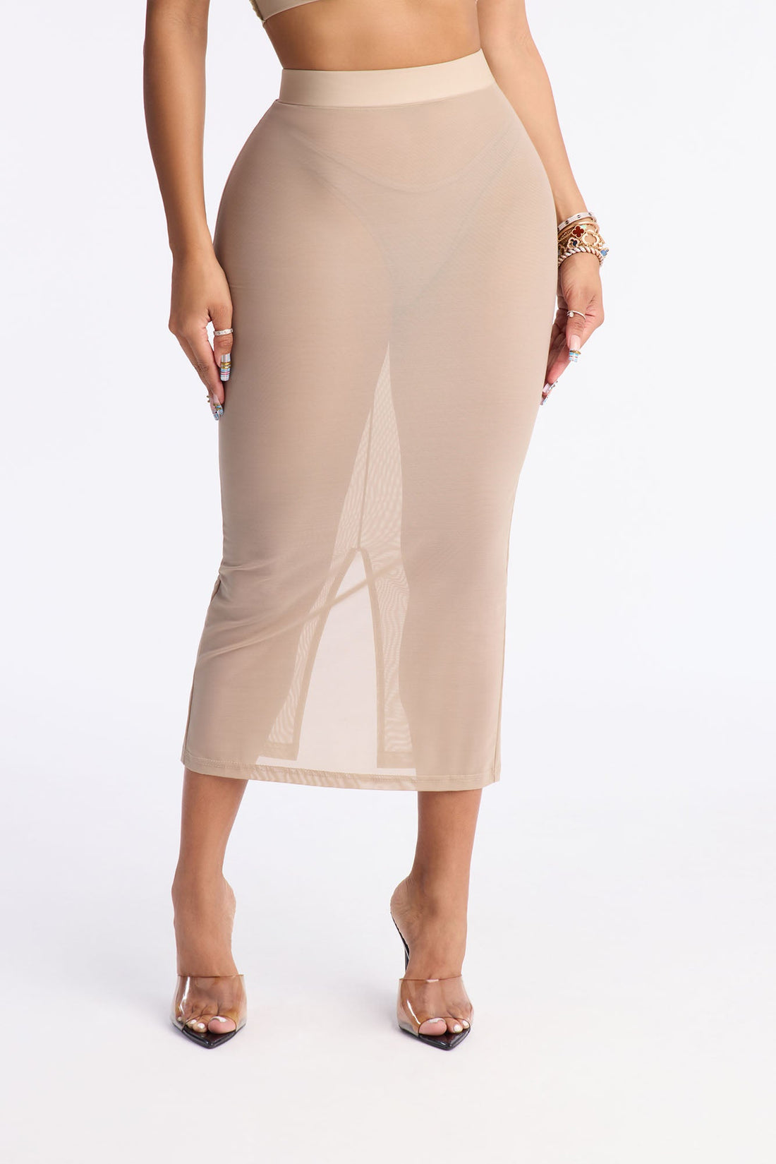 Power Mesh Midi Pencil Skirt - Olive