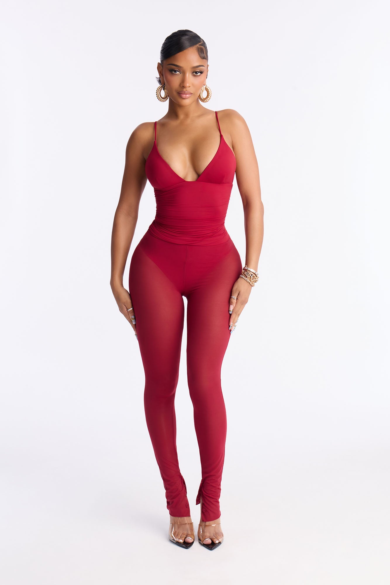 Power Mesh High Waisted Leggings - DarkRed