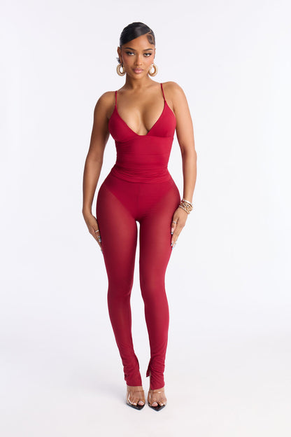Power Mesh High Waisted Leggings - DarkRed